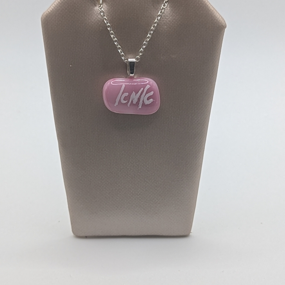 Silver plated necklace, Pink pendant,"אמא" / Mom inscription. 18" HandCrafted